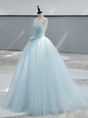 A-Line Tulle Blue Long Evening Prom Dresses, Blue Tulle Long Formal Dresses