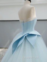A-Line Tulle Blue Long Evening Prom Dresses, Blue Tulle Long Formal Dresses