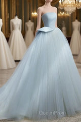 A-Line Tulle Blue Long Evening Prom Dresses, Blue Tulle Long Formal Dresses