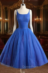 A-Line Tulle Blue Short Evening Prom Dresses, Blue Homecoming Dresses