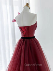 A-Line Tulle Burgundy Long Evening Prom Dresses, Burgundy Evening Dresses