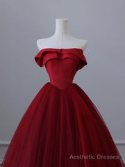 A-Line Tulle Burgundy Long Prom Dress, Tulle Burgundy Long Formal Dress