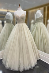 A-Line Tulle Floor Length Evening Prom Dresses, Spaghetti Strap Evening Party Dresses