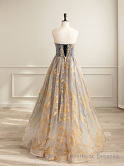 A-Line Tulle Gold/Blue Long Prom Dress, Blue Formal Evening Dress
