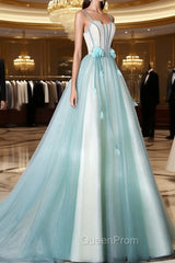 A-Line Tulle Green Long Evening Prom Dresses, Green Graduation Dresses with Sweep Train