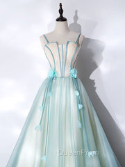 A-Line Tulle Green Long Evening Prom Dresses, Green Graduation Dresses with Sweep Train