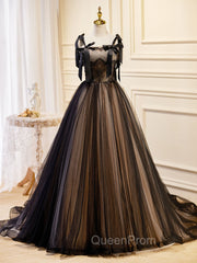 A-Line Tulle Lace Black Long Evening Prom Dresses, Black Evening Dresses