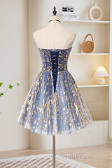 A-Line Tulle Lace Blue Short Evening Prom Dresses, Cute Blue Homecoming Dresses