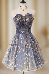 A-Line Tulle Lace Blue Short Evening Prom Dresses, Cute Blue Homecoming Dresses