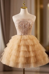 A-Line Tulle Lace Champagne Short Evening Prom Dresses, Champagne Homecoming Dresses