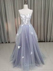 A line Tulle Lace Long Evening Dresses, Lace Tulle Evening Prom Dresses