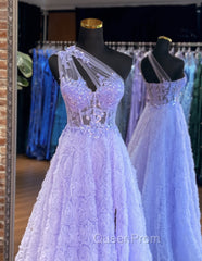 A-Line Tulle Lace Purple Long Evening Prom Dresses, Purple Long Evening Dresses