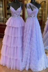 A-Line Tulle Lace Purple Long Evening Prom Dresses, Purple Long Evening Dresses