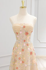 A-Line Tulle Lace Sequin Champagne Long Evening Prom Dresses, Champagne Long Formal Dresses