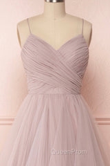 A-Line Tulle Layers Long Evening Dresses, Cute V-Neck Evening Party Dresses