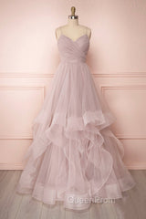 A-Line Tulle Layers Long Evening Dresses, Cute V-Neck Evening Party Dresses