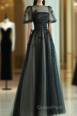 A Line Tulle Long Evening Prom Dresses Black Formal Evening Dresses