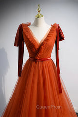 A-Line Tulle Long Evening Prom Dresses, Orange V-Neck Long Simple Evening Dresses
