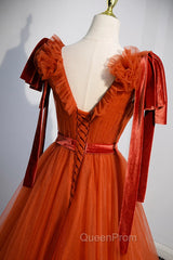 A-Line Tulle Long Evening Prom Dresses, Orange V-Neck Long Simple Evening Dresses