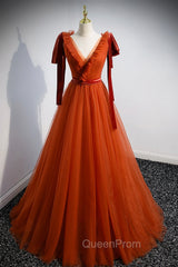 A-Line Tulle Long Evening Prom Dresses, Orange V-Neck Long Simple Evening Dresses