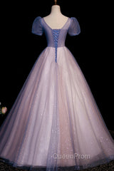 A-Line Tulle Long Evening Prom Dresses with Beaded, Blue Short Sleeve Evening Dresses