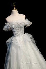 A-Line Tulle Long Evening Prom Dresses with Beading