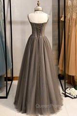 A-Line Tulle Long Evening Prom Dresses with Beading, Cute Evening Party Dresses