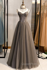 A-Line Tulle Long Evening Prom Dresses with Beading, Cute Evening Party Dresses