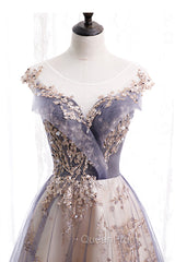 A-Line Tulle Long Evening Prom Dresses with Sequins, Cute Scoop Neckline Evening Dresses