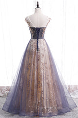 A-Line Tulle Long Evening Prom Dresses with Sequins, Cute Scoop Neckline Evening Dresses