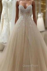 A Line Tulle Long Evening Prom Straps Sweetheart Lace Appliques Wedding Dresses