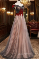 A-line Tulle Ruched Embellished Evening Prom Dresses, Long Party Dresses