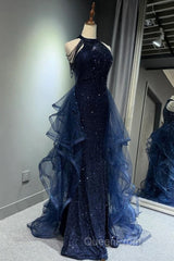 A-Line Tulle Sequin Dark Blue Long Evening Prom Dresses, Dark Blue Long Formal Dresses
