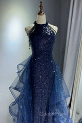 A-Line Tulle Sequin Dark Blue Long Evening Prom Dresses, Dark Blue Long Formal Dresses