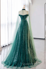 A-Line Tulle Sequin Green Long Evening Prom Dresses, Green Formal Evening Dresses