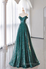 A-Line Tulle Sequin Green Long Evening Prom Dresses, Green Formal Evening Dresses
