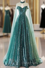 A-Line Tulle Sequin Green Long Evening Prom Dresses, Green Formal Evening Dresses