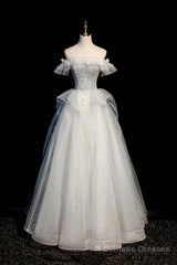 A-Line Tulle Sequins Long Prom Dress, Off the Shoulder Evening Dress