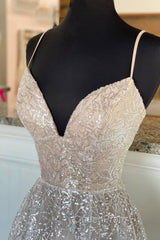 A-Line Tulle Sequins Long Evening Prom Dresses, Spaghetti Strap Backless Evening Dresses