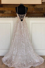 A-Line Tulle Sequins Long Evening Prom Dresses, Spaghetti Strap Backless Evening Dresses