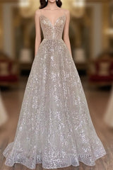 A-Line Tulle Sequins Long Evening Prom Dresses, Spaghetti Strap Backless Evening Dresses