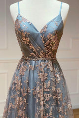 A-Line Tulle Sequins Long Evening Prom Dresses, V-Neck Backless Evening Dresses