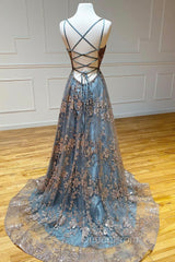 A-Line Tulle Sequins Long Evening Prom Dresses, V-Neck Backless Evening Dresses