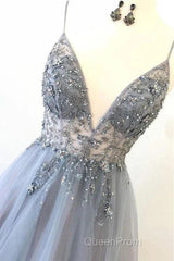 A Line Tulle Spaghetti Straps V Neck Appliques Long Evening Prom Dresses Beautiful