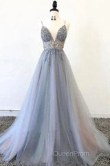 A Line Tulle Spaghetti Straps V Neck Appliques Long Evening Prom Dresses Beautiful