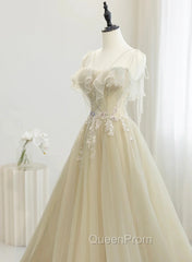 A-Line Tulle Straps Beaed Lace Long Evening Dresses, Tulle Evening Dresses Evening Prom Dresses