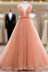A-line Tulle Straps Low Back Long Wedding Party Dresses, Pink Tulle Long Evening Prom Dresses
