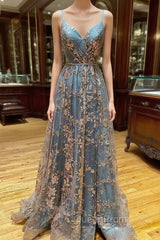 A-line Tulle Straps Sequins Lace Evening Prom Dresses Split Evening Dresses