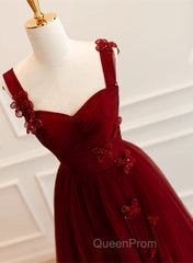 A-Line Tulle Sweetheart Straps Long Formal Dresses, Wine Red Evening Dresses Evening Prom Dresses