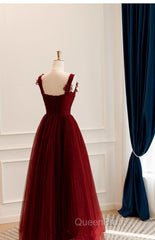 A-Line Tulle Sweetheart Straps Long Formal Dresses, Wine Red Evening Dresses Evening Prom Dresses